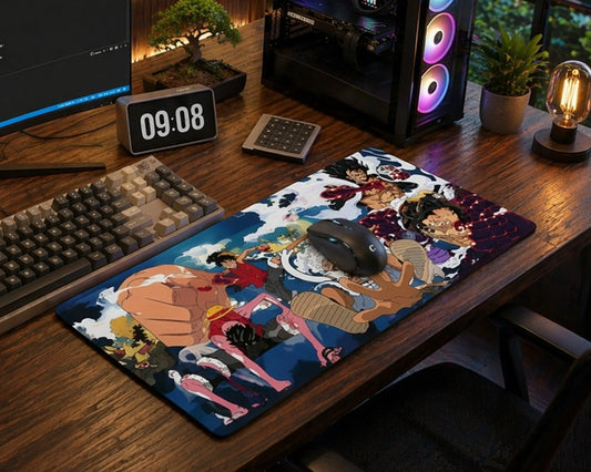 Luffy Gear evolution anime mouse pad with multiple forms on gaming desk setup