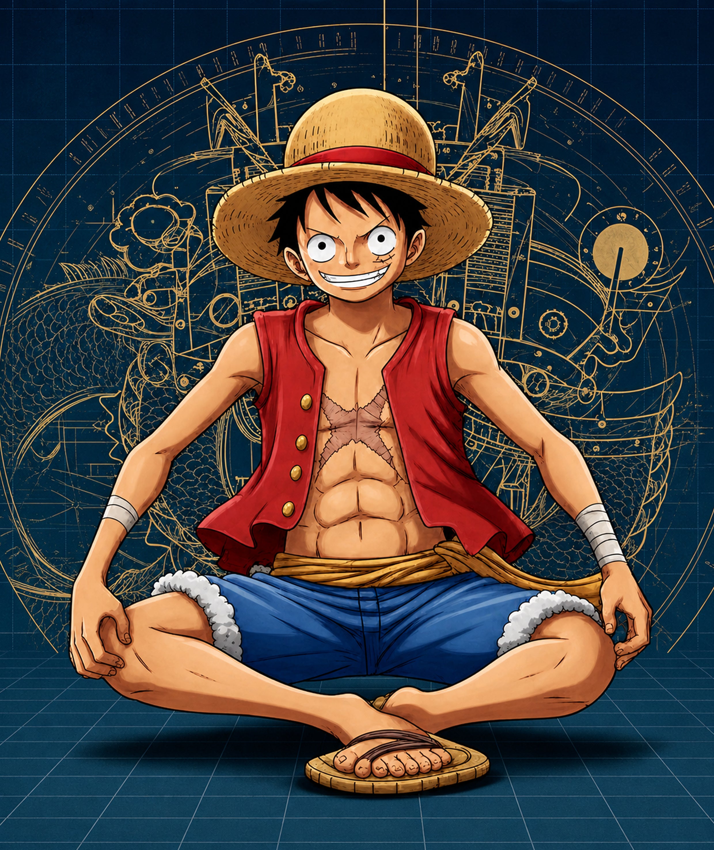 One Piece Monkey D. Luffy anime artwork featuring blueprint-style background and seated pose illustration