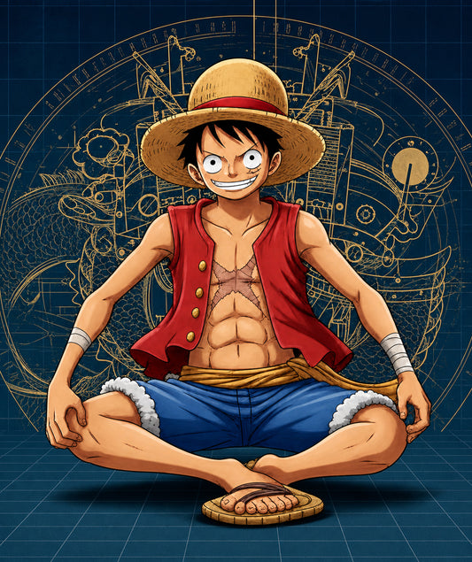 One Piece Monkey D. Luffy anime artwork featuring blueprint-style background and seated pose illustration
