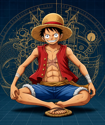 One Piece Monkey D. Luffy anime artwork featuring blueprint-style background and seated pose illustration