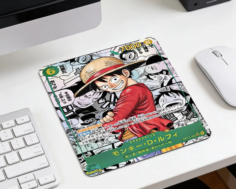 One Piece Luffy trading card style mouse pad on minimal white desk setup with wireless mouse and Apple keyboard