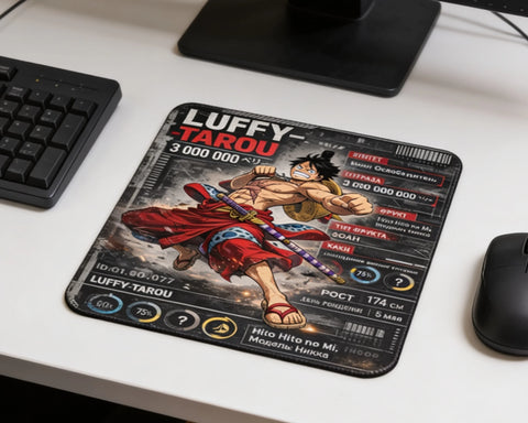 One Piece Luffy anime gaming mouse pad with action artwork placed beside keyboard and mouse on modern white desk