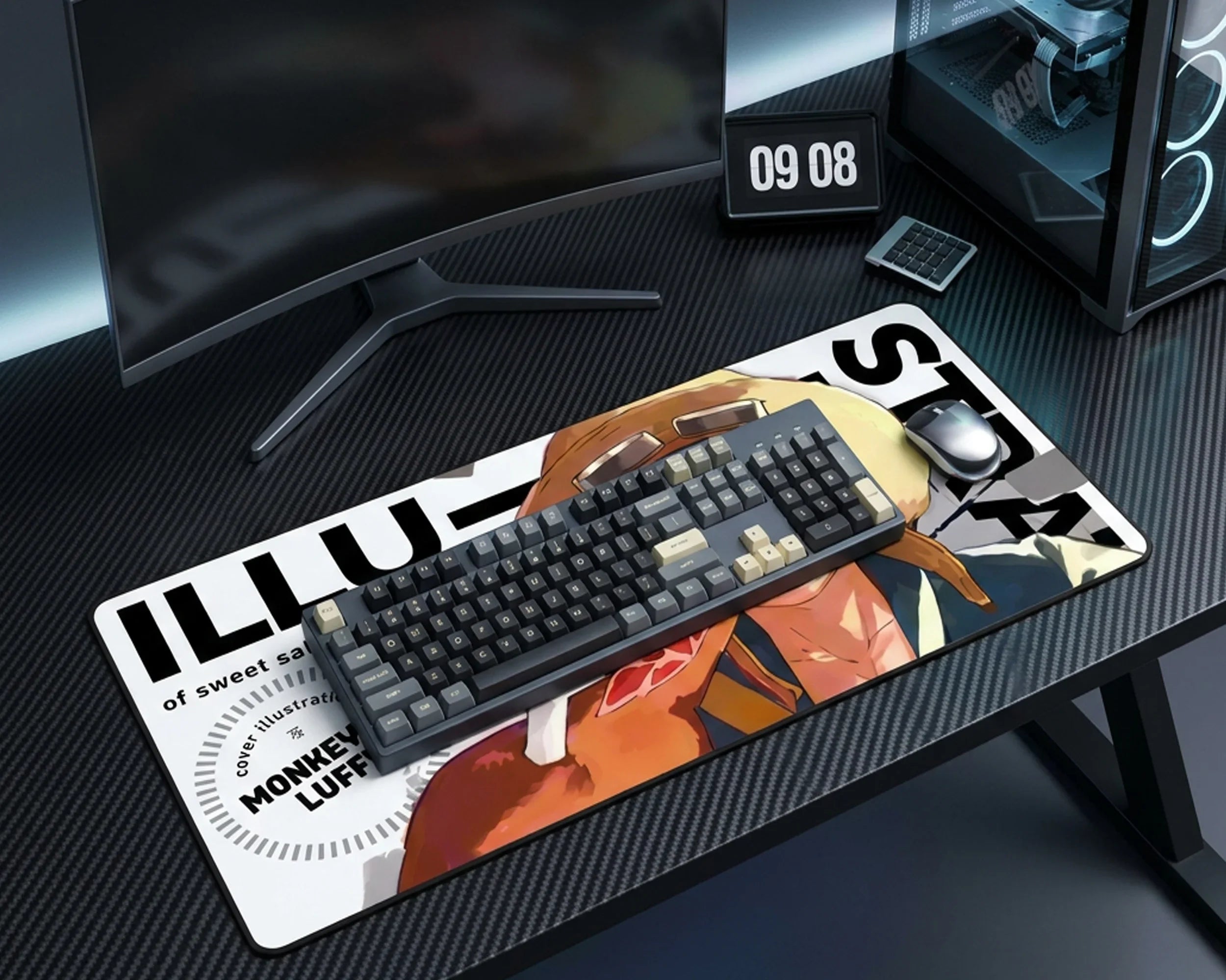 Luffy anime mouse pad eating meat design on modern gaming desk setup