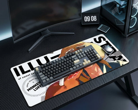 Luffy anime mouse pad eating meat design on modern gaming desk setup