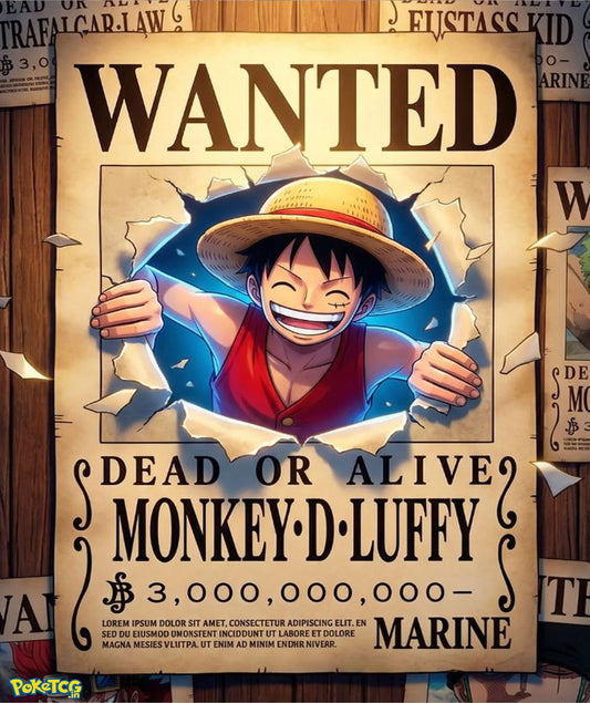 Monkey D. Luffy anime wanted poster artwork with ripped paper effect and vintage bounty poster design from One Piece