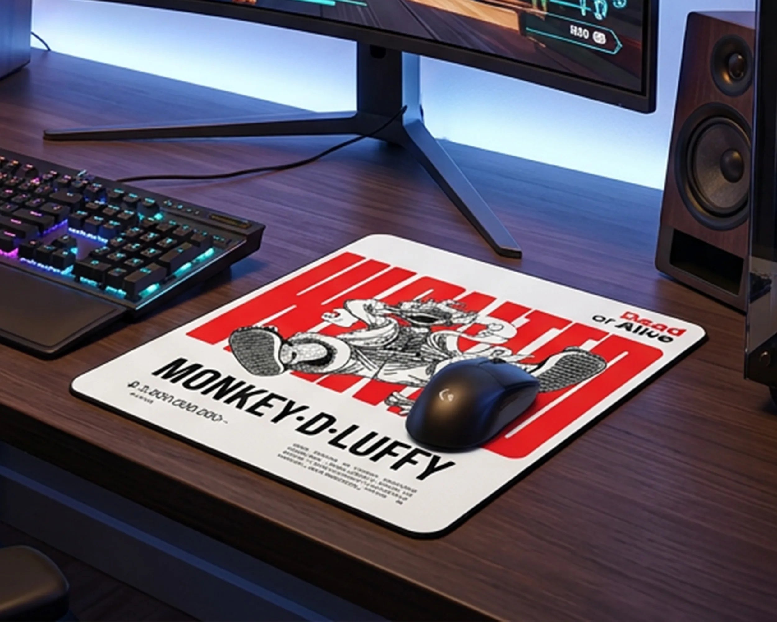 Large Monkey D. Luffy dead or alive anime desk mat beside RGB keyboard and gaming monitor