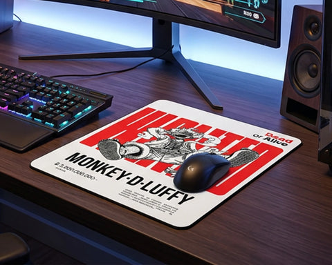 Large Monkey D. Luffy dead or alive anime desk mat beside RGB keyboard and gaming monitor