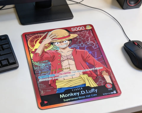 Colorful Monkey D. Luffy inspired gaming mouse pad beside keyboard and mouse in desktop gaming setup
