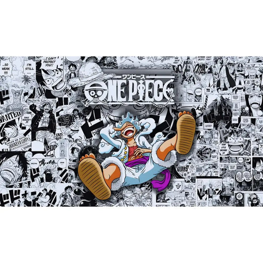 Detailed One Piece collage design featuring Luffy in Gear 5 centered over a manga-style black-and-white background with the One Piece logo above