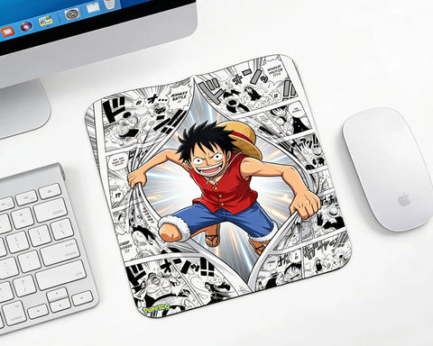 One Piece Monkey D. Luffy manga panel mouse pad with colorful anime artwork on clean white desk setup
