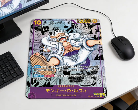 Monkey D. Luffy Gear 5 inspired anime gaming mouse pad with purple border design on clean desktop setup