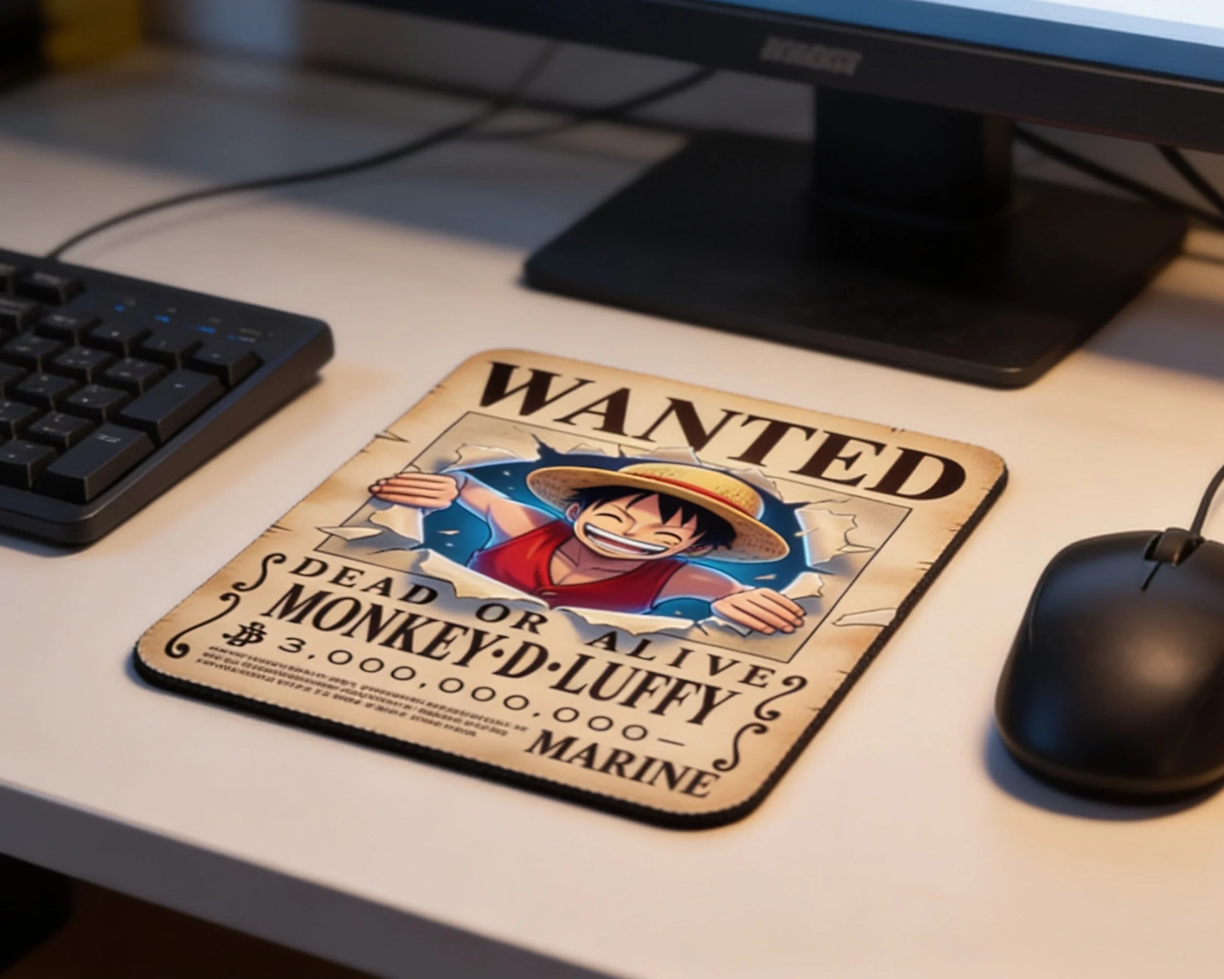 Monkey D. Luffy wanted poster anime mouse pad on minimalist desk setup with keyboard, monitor, and gaming mouse