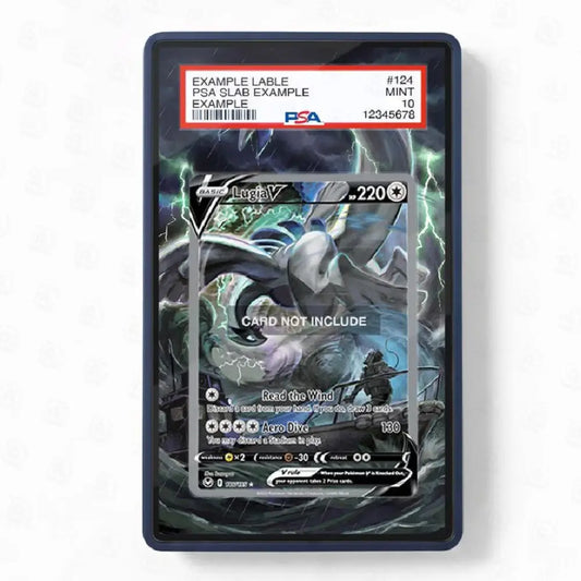 A PSA-graded protective card slab containing a Pokémon TCG card, shown against a light gray background. The slab has a red and white PSA label at the top with text including 'EXAMPLE LABEL', 'PSA SLAB EXAMPLE', and 'MINT'.