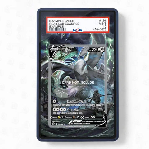 A PSA-graded protective card slab containing a Pokémon TCG card, shown against a light gray background. The slab has a red and white PSA label at the top with text including 'EXAMPLE LABEL', 'PSA SLAB EXAMPLE', and 'MINT'.