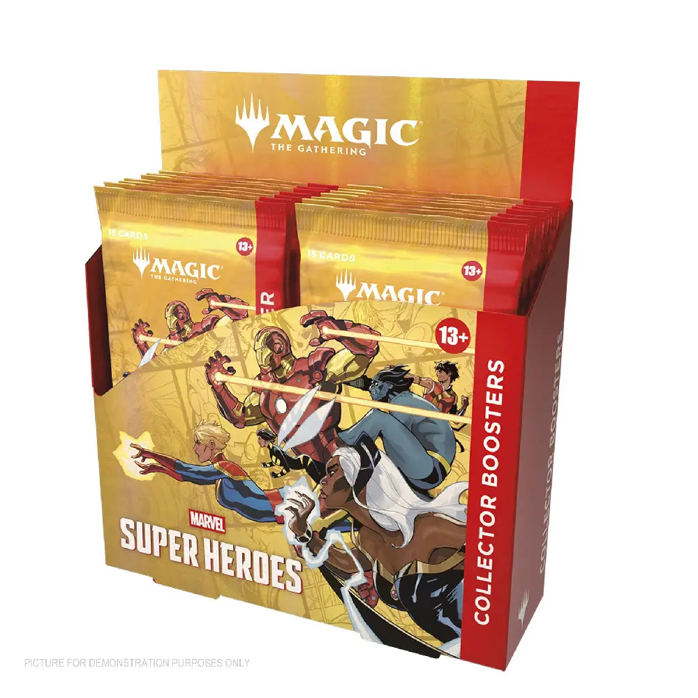 Display of 'Magic: The Gathering' Marvel Super Heroes collector boosters on a white background