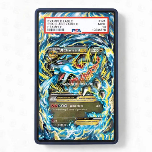 A PSA-verified collectible card slab containing a Yu-Gi-Oh! Charizard EX card, shown against a clean white background. The slab features a protective blue border and a detailed blue and yellow flame illustration, with a red and white PSA label at the top.
