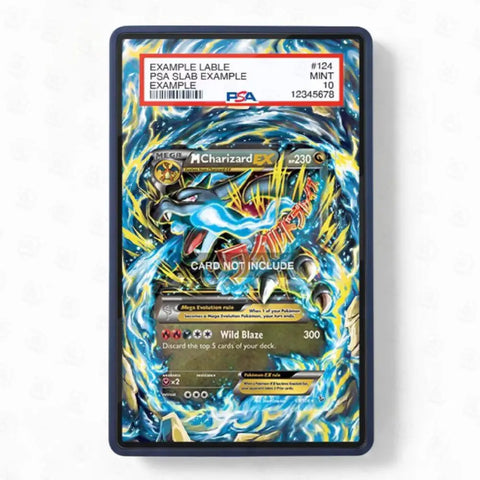 A PSA-verified collectible card slab containing a Yu-Gi-Oh! Charizard EX card, shown against a clean white background. The slab features a protective blue border and a detailed blue and yellow flame illustration, with a red and white PSA label at the top.