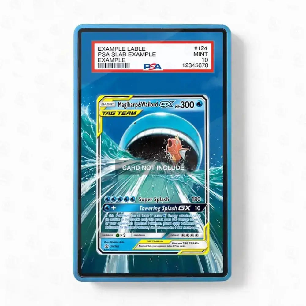 A PSA graded holographic Pokémon trading card slab showing a Magarp/Walkip GX card, with the PSA certification label visible at the top and a blue protective case around the slab on a white background.