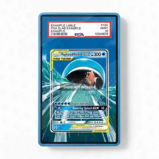 A PSA graded holographic Pokémon trading card slab showing a Magarp/Walkip GX card, with the PSA certification label visible at the top and a blue protective case around the slab on a white background.