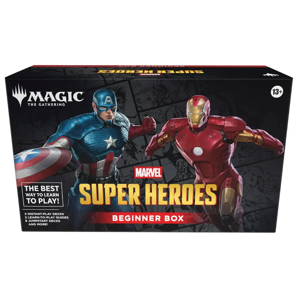 Magic: The Gathering Super Heroes Beginner Box featuring Marvel's Captain America and Iron Man on the front of the product packaging.