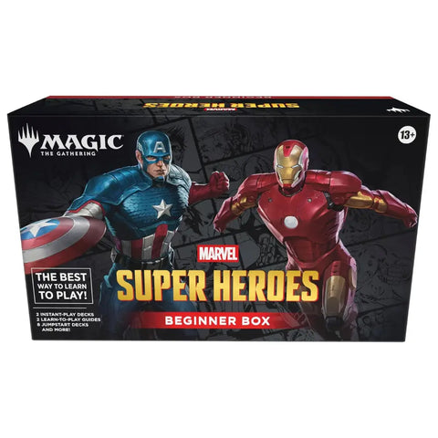 Magic: The Gathering Super Heroes Beginner Box featuring Marvel's Captain America and Iron Man on the front of the product packaging.