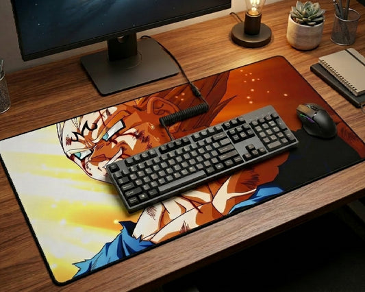 Large Majin Vegeta Dragon Ball anime desk mat with fiery orange background artwork placed on a wooden gaming desk with mechanical keyboard, gaming mouse, and monitor setup