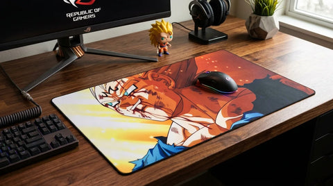 Clean desk setup with Majin Vegeta anime desk mat, gaming mouse, keyboard, headphones, and a small figurine on a wooden surface.