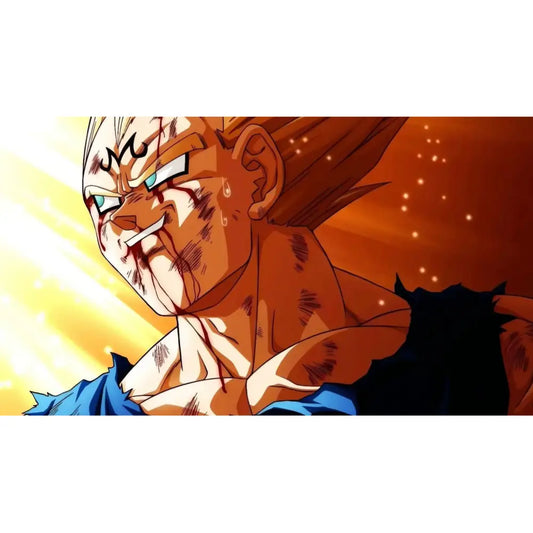 Close-up of Majin Vegeta’s intense expression in his Majin form, showing battle damage, glowing aura, and detailed anime artwork.