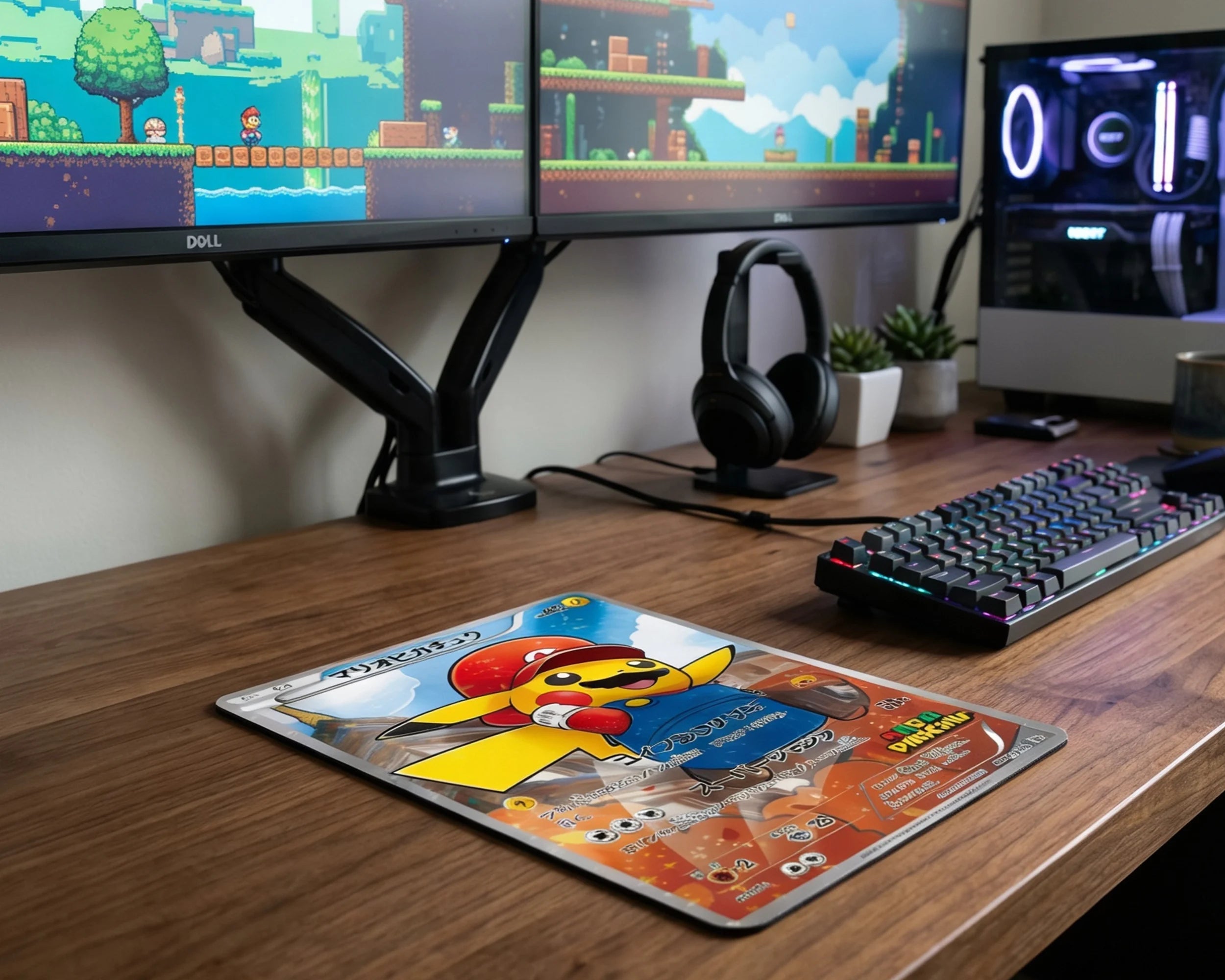 Mario Pikachu themed Pokémon mouse pad on wooden gaming desk with dual monitors, RGB keyboard, and gaming PC