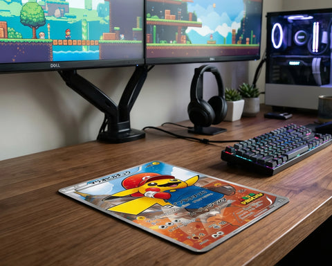 Mario Pikachu themed Pokémon mouse pad on wooden gaming desk with dual monitors, RGB keyboard, and gaming PC