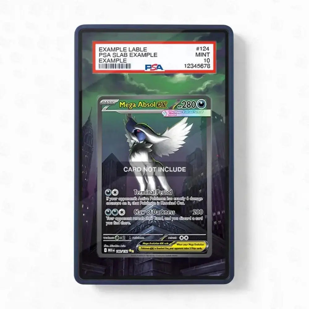 Trading card in a protective case with a label on a white background