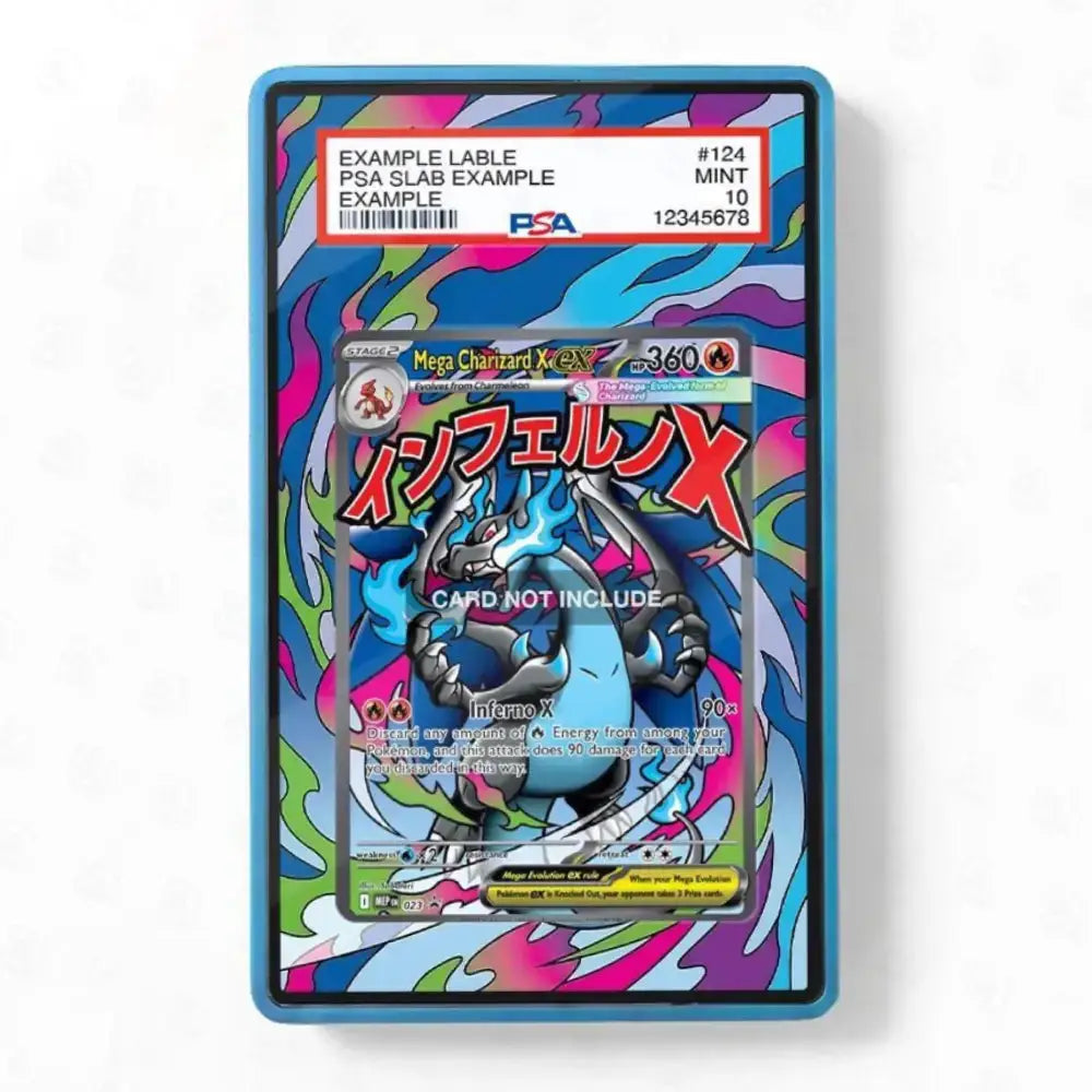 A PSA graded slab containing a Pokémon TCG card, featuring a colorful abstract background with a blue and black Mega Eevee illustration and a red PSA label at the top.