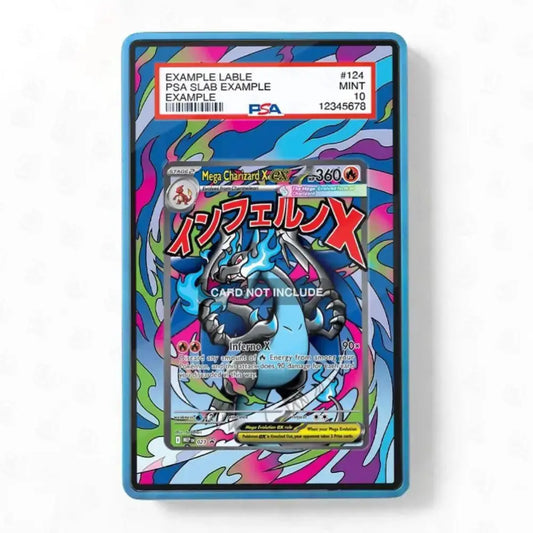 A PSA graded slab containing a Pokémon TCG card, featuring a colorful abstract background with a blue and black Mega Eevee illustration and a red PSA label at the top.