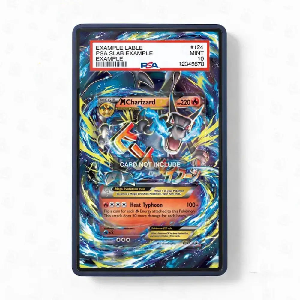 Pokémon trading card in a protective case on a white background