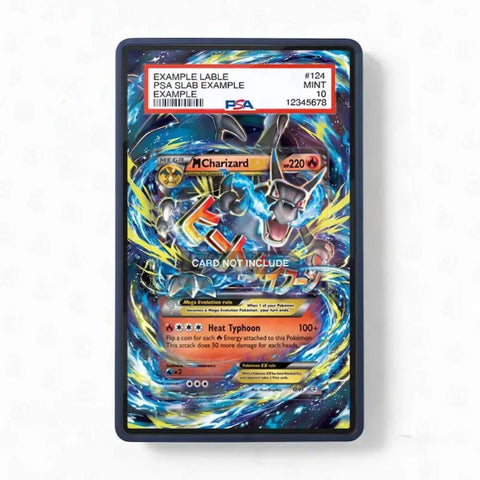 Pokémon trading card in a protective case on a white background