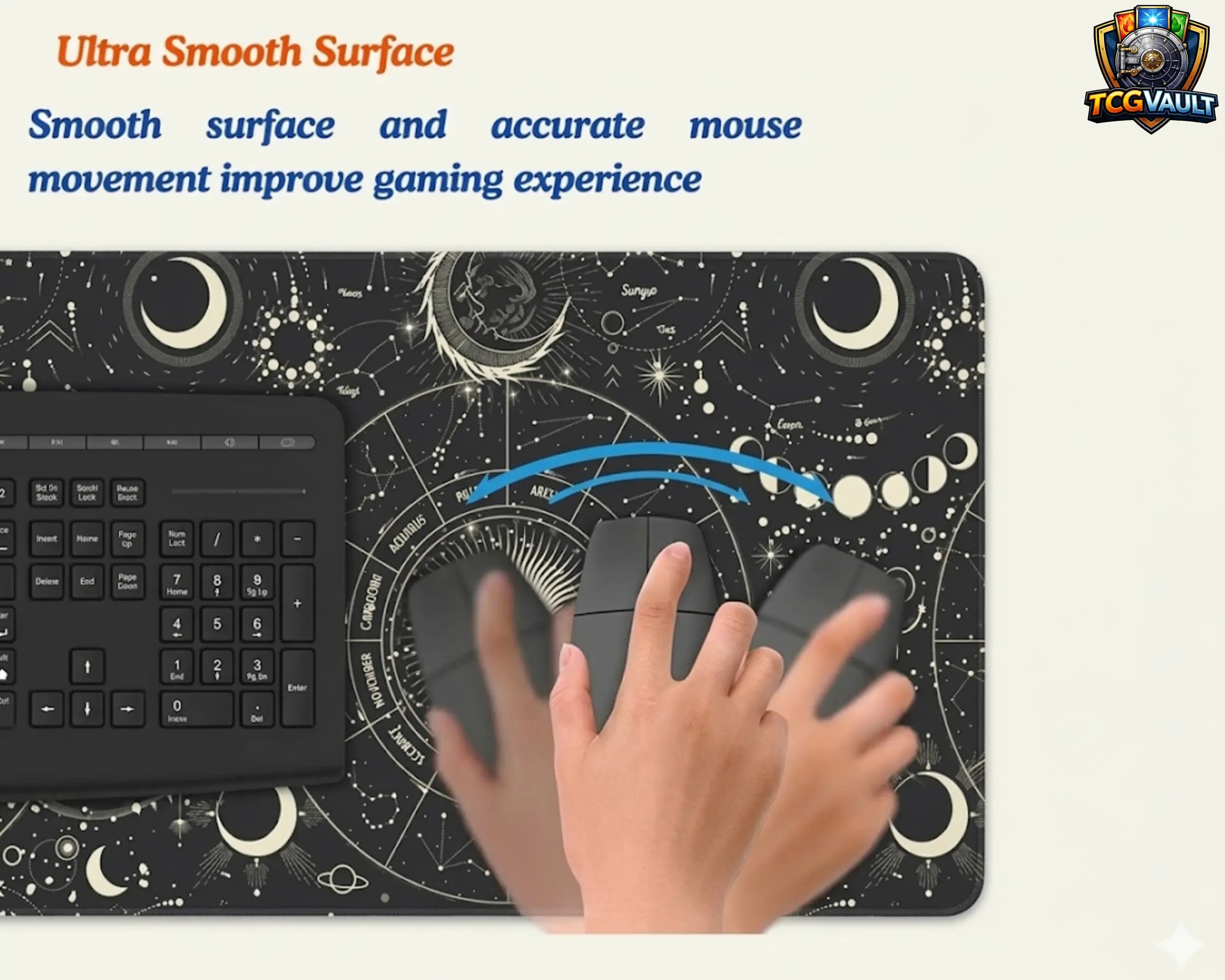 ultra smooth gaming mouse pad surface showing precise mouse movement with keyboard and celestial design