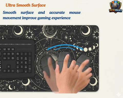 ultra smooth gaming mouse pad surface showing precise mouse movement with keyboard and celestial design