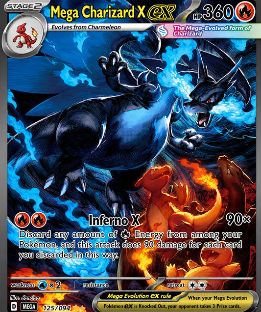 Close-up Mega Charizard X EX Pokémon card artwork featuring blue flame dragon battle design with fiery orange accents