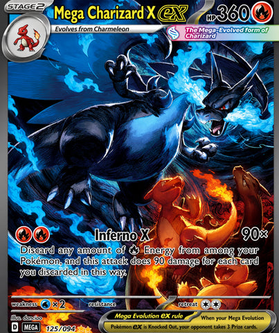 Close-up Mega Charizard X EX Pokémon card artwork featuring blue flame dragon battle design with fiery orange accents