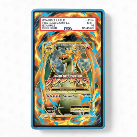 A PSA graded slab containing a holographic Pokémon Charizard card, encased in a blue protective plastic holder, shown against a plain white background.