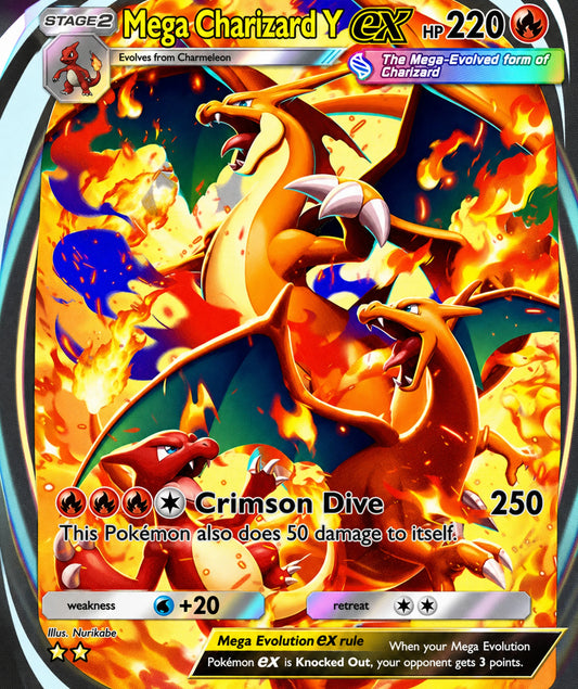 Close-up artwork of Mega Charizard Y EX Pokémon card featuring blazing fire effects and vibrant battle-inspired design