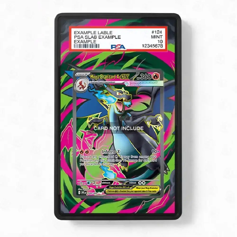 Pokémon trading card in a colorful protective case with PSA label
