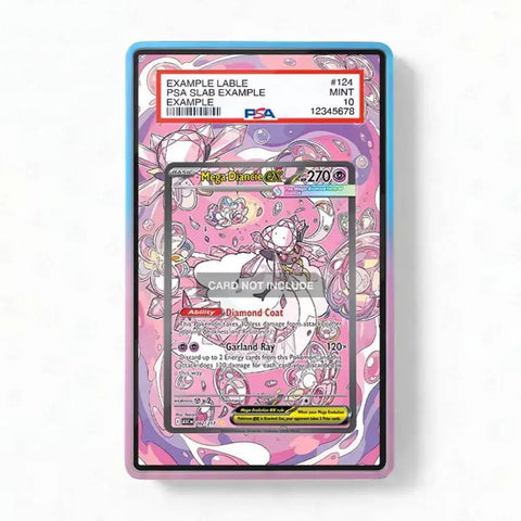 A graded PSA slab containing a pink and purple illustrated trading card, photographed against a plain white background. The slab has a blue border and a red PSA label at the top.