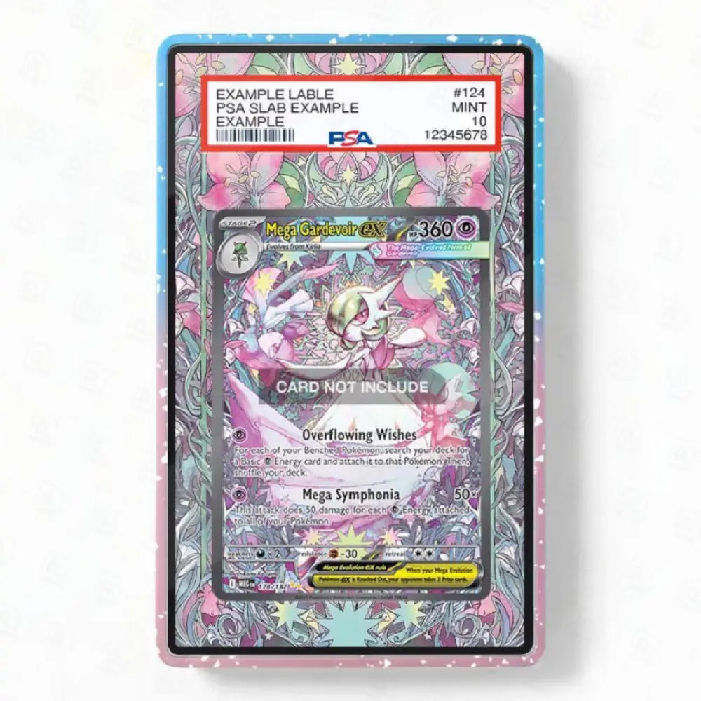 A PSA slabbed collectible card featuring Mega Symphonia from the Pokémon TCG, housed in a decorative blue and pink patterned protective case against a white background.