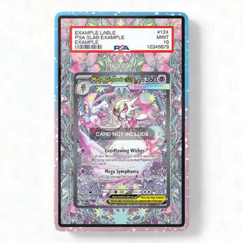 A PSA slabbed collectible card featuring Mega Symphonia from the Pokémon TCG, housed in a decorative blue and pink patterned protective case against a white background.