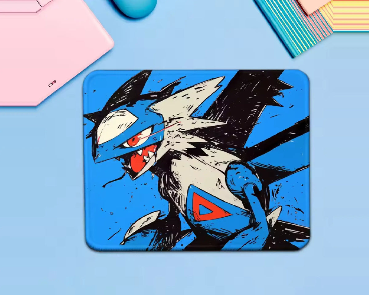 Mega Sceptile Pokémon gaming mouse pad featuring a fierce blue and cream Pokémon with red eyes, black sketch-style outlines, red accents, and a vibrant blue background.