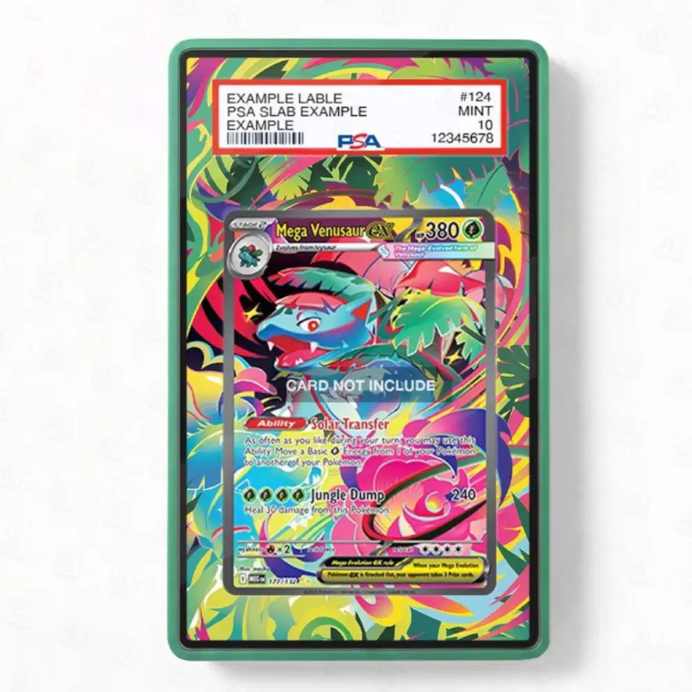 A PSA graded holographic trading card slab showing a Mega Venusaur card, with a PSA label visible at the top and a green protective case border around the slab.