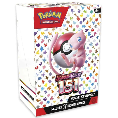 Pokémon TCG: Scarlet & Violet—151 Booster Bundle box featuring Mew artwork and including 6 booster packs.
