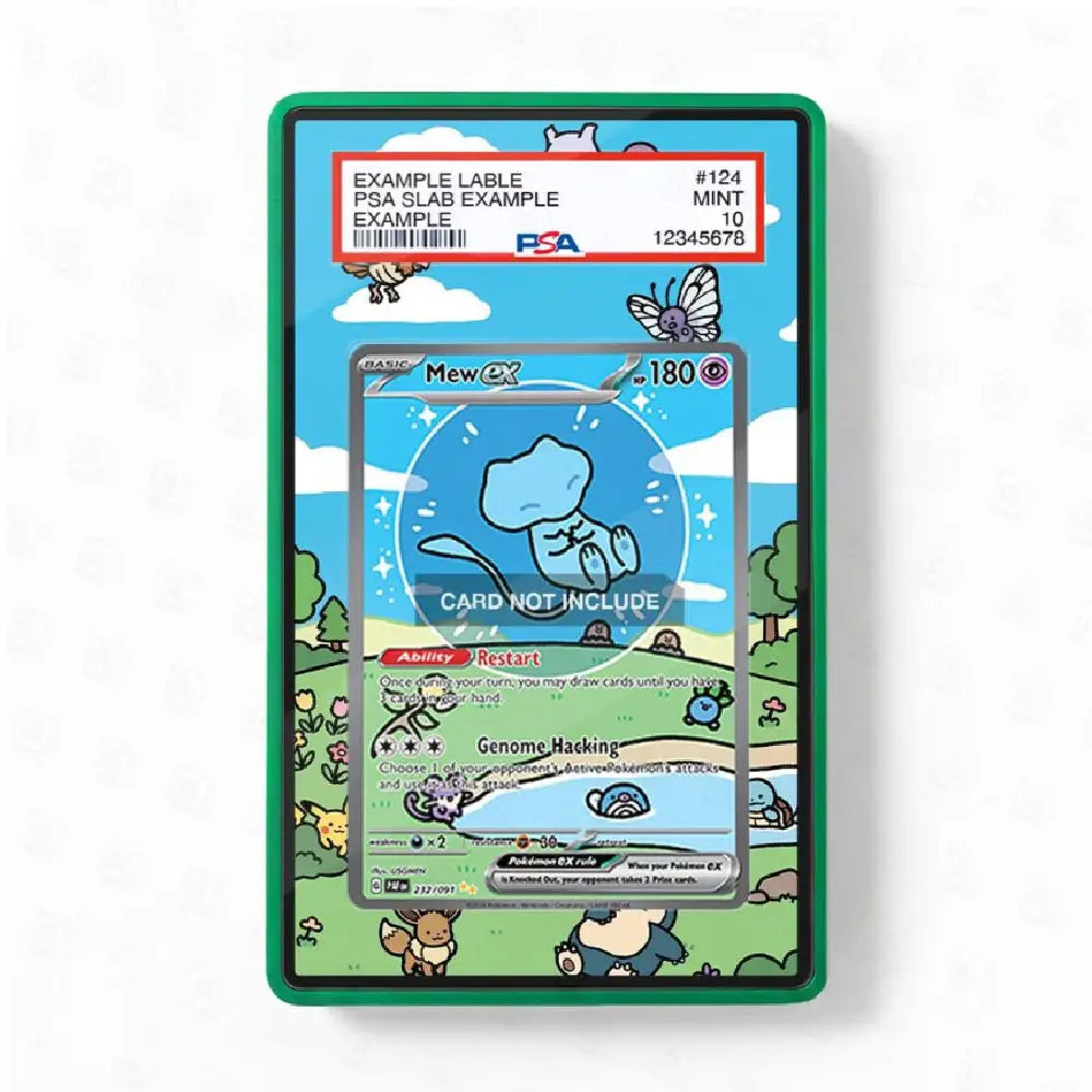 A PSA graded display card containing a Mew XY holographic card, featuring a green border and a PSA slab label at the top, shown on a white background.