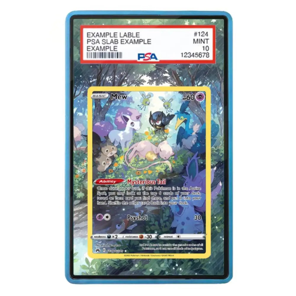 A PSA graded Mew Pokémon trading card inside a blue protective slab, with the PSA slab label visible at the top. The card is shown against a plain white background.